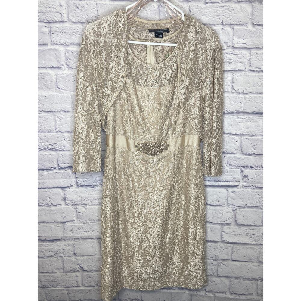 Jessica Howard Champagne Lace Dress w/Shrug, Jeweled Waist Size 6, MOB - NEW!